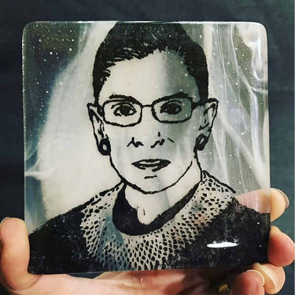 Laurie Freivogel glass coaster transparent grey white Justice Ruth Bader Ginsburg handmade scma Smith College Museum of Art