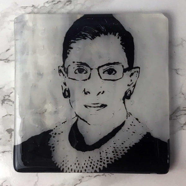 Laurie Freivogel glass coaster transparent grey white Justice Ruth Bader Ginsburg handmade scma Smith College Museum of Art