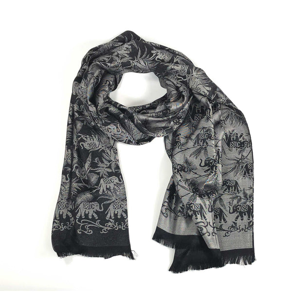 scarf wrap silk handmade handrolled hand loom loomed black silver elephant bamboo nature scma smith college museum of art