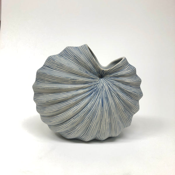 Pleated Porcelain Vase, Blue Lines on White