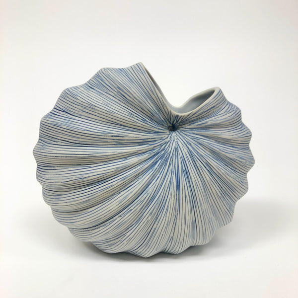 Pleated Porcelain Vase, Blue Lines on White