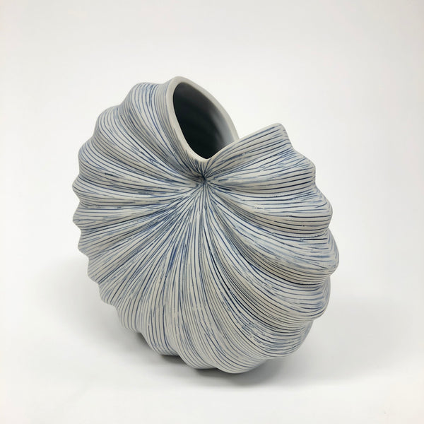 Pleated Porcelain Vase, Blue Lines on White