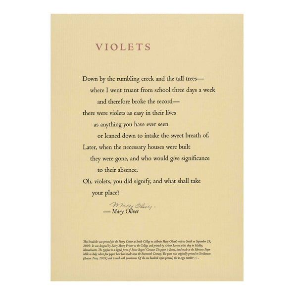 Mary Oliver poem Violets Poetry Center Smith College broadside print handprinted Barry Moser SCMA Smith College Museum of Art