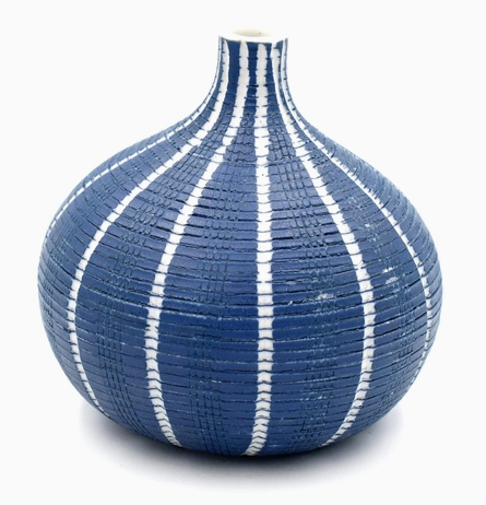 Bud Vase, White Lines & Textured Cobalt Segments