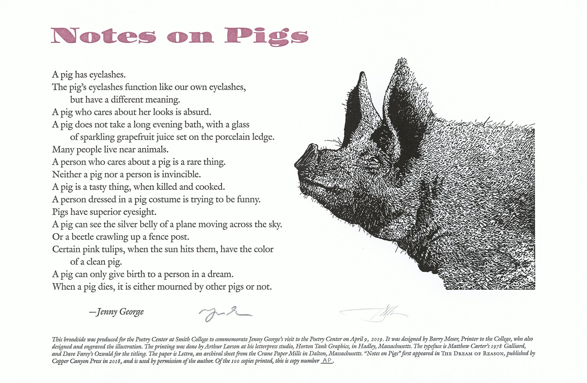Jenny George "Notes on Pigs" / Barry Moser Broadside