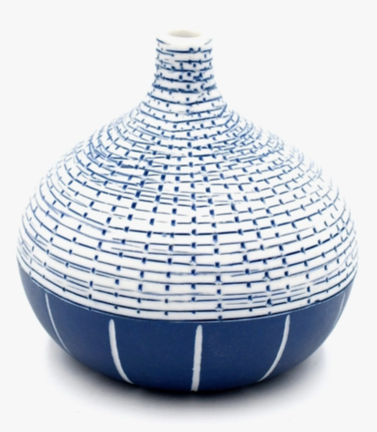 Bud Vase, 2-Patterned Indigo Grid & Striped