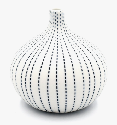 Bud Vase, Dotted Indigo Lines on White