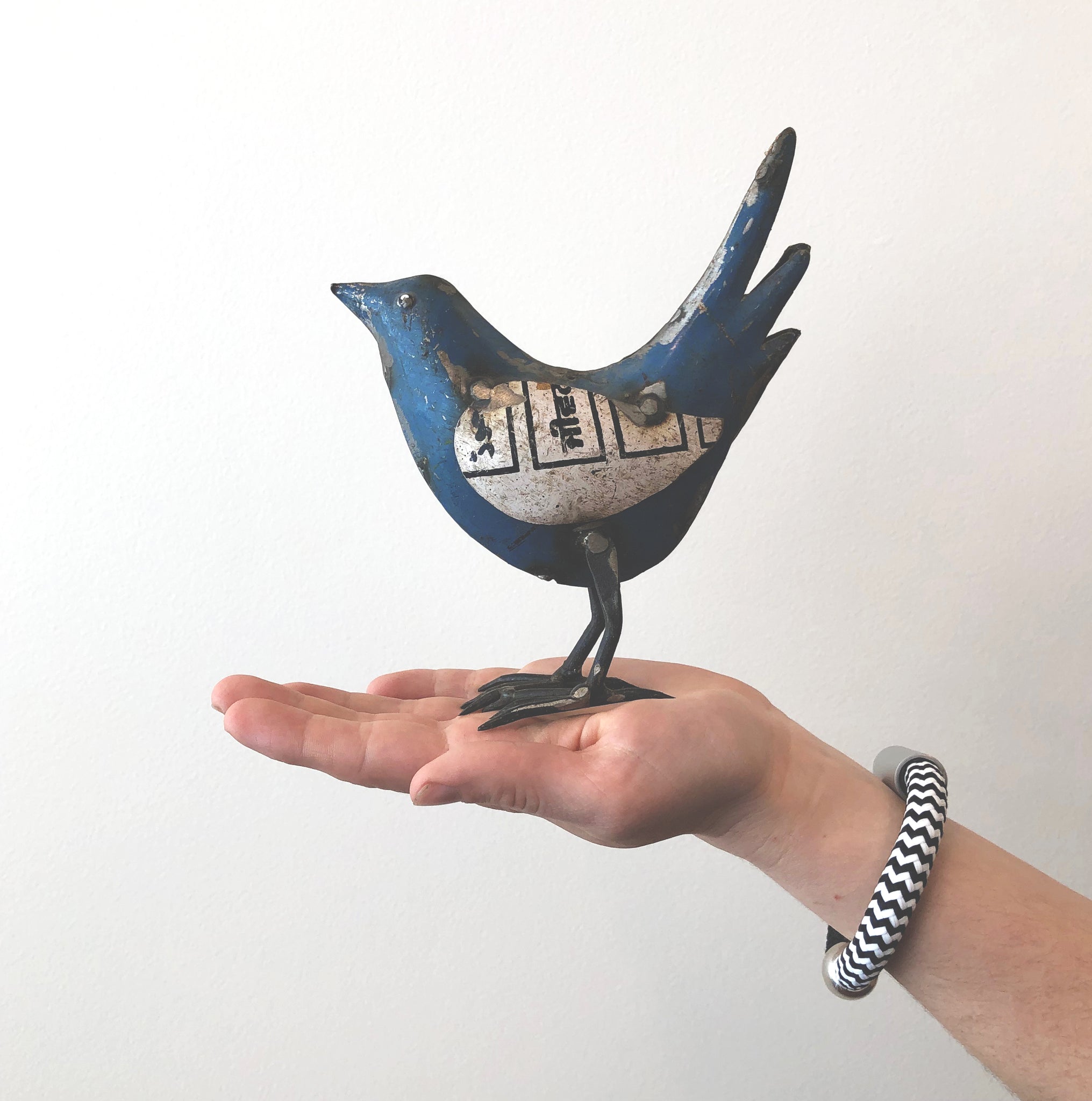 Happy Blue Bird of Up-cycled Metal