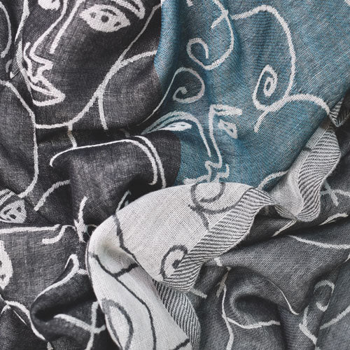 handprinted wool scarf faces geometric blue black gray grey white handmade scma smith college museum of art