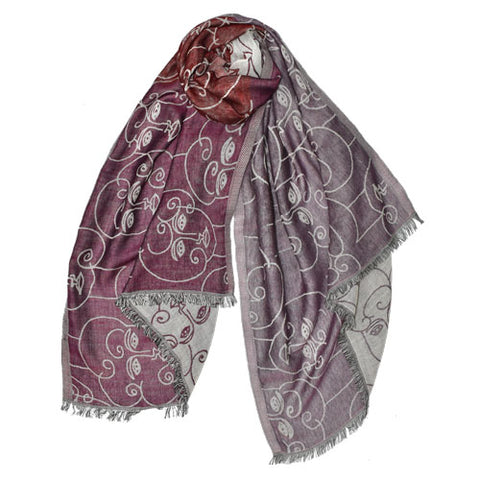 handprinted wool scarf faces geometric red purple white handmade scma smith college museum of art