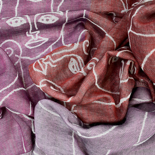 handprinted wool scarf faces geometric red purple white handmade scma smith college museum of art