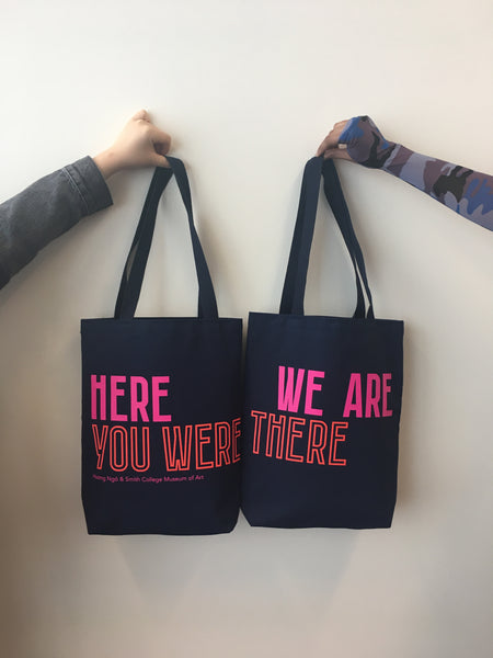 Hương Ngô Huong Ngo tote bag shoulder strap environmental sustainable canvas navy blue pink magenta red text handmade scma smith college museum of art