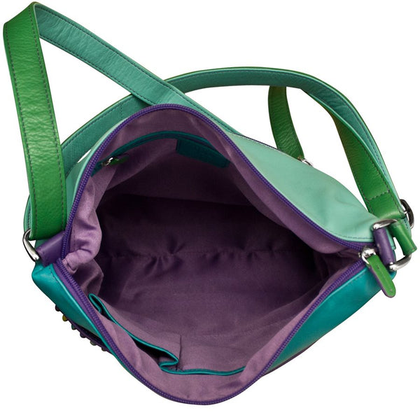 leather shoulder strap messenger bag zipper colorful blocking geometric blue teal purple scma smith college art museum