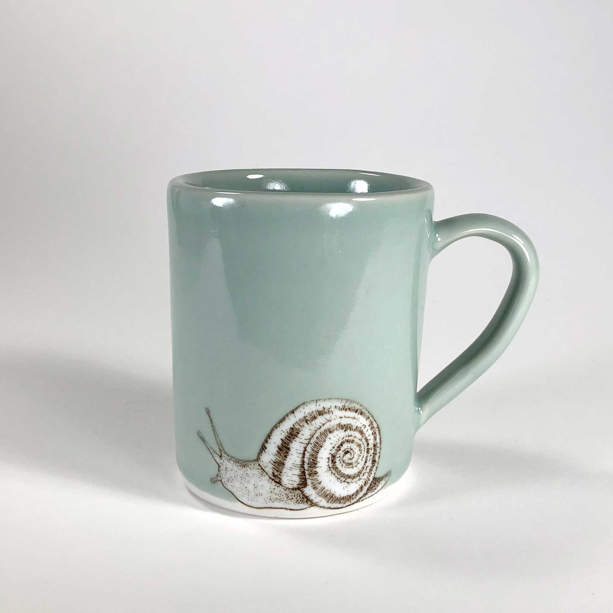 Susannah Tisue porcelain celadon mug teal snail handmade hand printed scma smith college museum of art