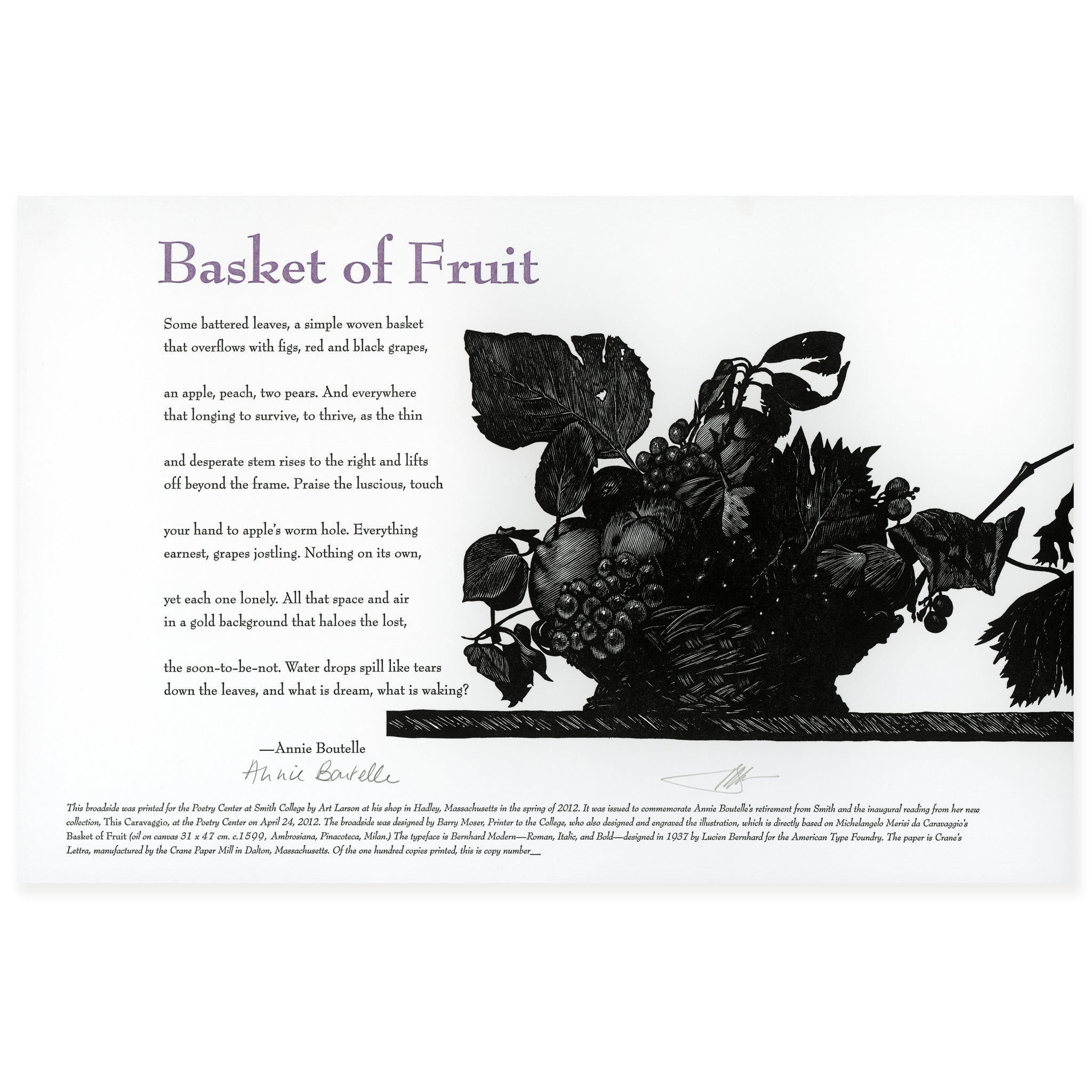 Annie Boutelle Bary Moser Michelangelo Merisi da Caravaggio fruit basket broadside poem Poetry Center Smith College Museum of Art SCMA print