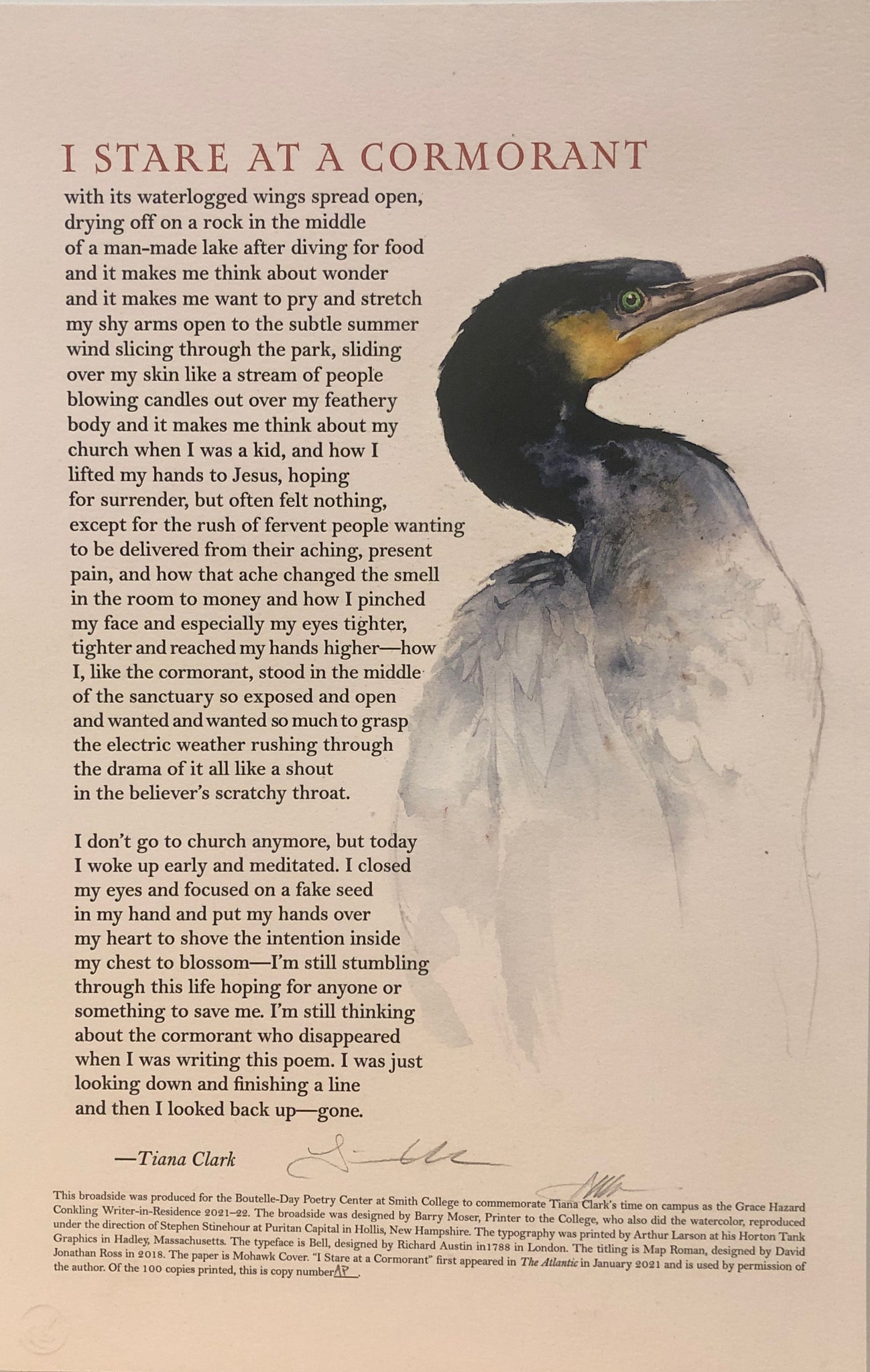 Tiana Clark “I Stare at a Cormorant" / Barry Moser Broadside