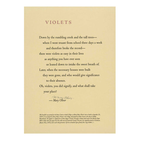 Mary Oliver poem Violets Poetry Center Smith College broadside print handprinted Barry Moser SCMA Smith College Museum of Art