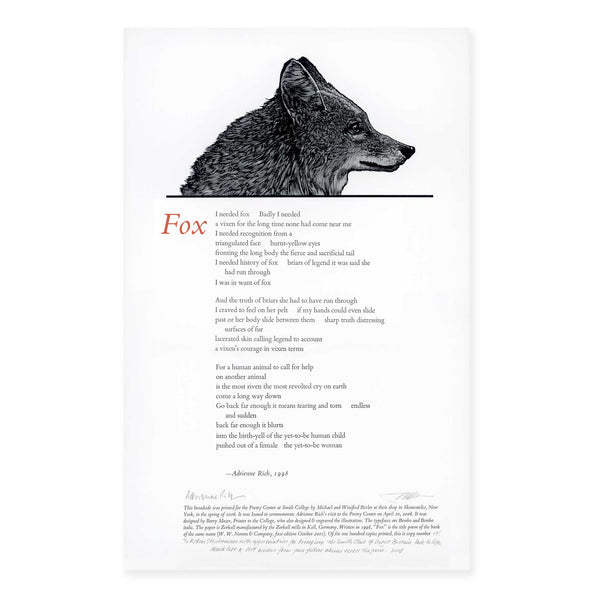 Adrienne Rich fox poem Barry Moser print broadside Poetry Center at Smith College SCMA Smith College Museum of Art