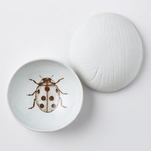 white porcelain dish tray jewelry woodgrain wood design ladybug print hand made handmade handprinted scma smith college museum of art